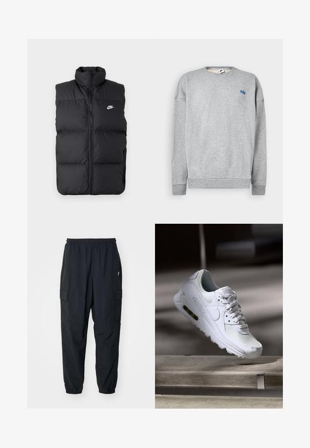 Schwarze gepolsterte ärmellose Jacke mit hohem Kragen, Vorderreißverschluss, Seitentaschen und weißem Nike-Logo auf der Brust.; Grauer Sweatshirt aus einer weichen Baumwollmischung, mit Rundhalsausschnitt und gerippten Bündchen, versehen mit einem kleinen blauen Nike-Logo auf der Brust.; Schwarze Cargo-Hosen aus leichtem Material mit einem elastischen Bund, Seitentaschen und einer lockeren Passform mit elastischen Bündchen.; Weiße Nike Air Max 90 Sneaker mit einem Obermaterial aus Mesh und Leder, durchlässigem Zehenbereich und einer sichtbaren Air-Einheit in der Ferse.