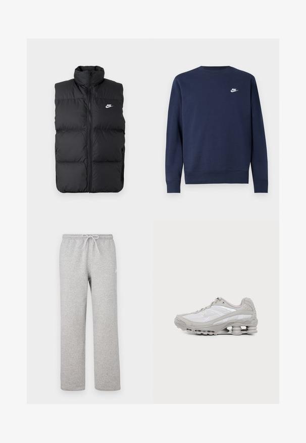 Zwarte gewatteerde mouwloze jas met hoge kraag, rits aan de voorkant, zijzakken en wit Nike-logo op de borst.; Marineblauwe sweatshirt van zachte stof, met een ronde hals en lange mouwen, voorzien van een klein wit Nike-logo op de borst.; Grijze joggingbroek met een elastische tailleband en trekkoord. Gemaakt van zachte stof, met rechte pijpen en subtiel logodetail.; Grijze en witte sportschoen met zichtbare luchtkussenzool en meshpanelen, in profiel weergegeven op een eenvoudige lichte achtergrond.