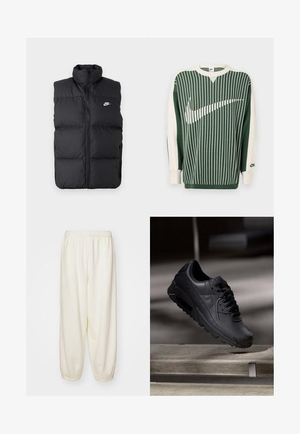 Chaleco sin mangas acolchado negro con cuello alto, cierre frontal, bolsillos laterales y logo de Nike en blanco en el pecho.; Suéter de punto verde y crema con rayas verticales, que presenta un gran logo blanco de Nike, puños acanalados y cuello redondo.; Pantalones de chándal color crema hechos de una tela suave, con una cintura elástica y puños ajustados, de ajuste relajado y sin patrones visibles.; Zapatillas Nike Air Max negras con parte superior de cuero texturizado, suela de goma y un sistema de cordones prominente, que muestran un diseño elegante y moderno.