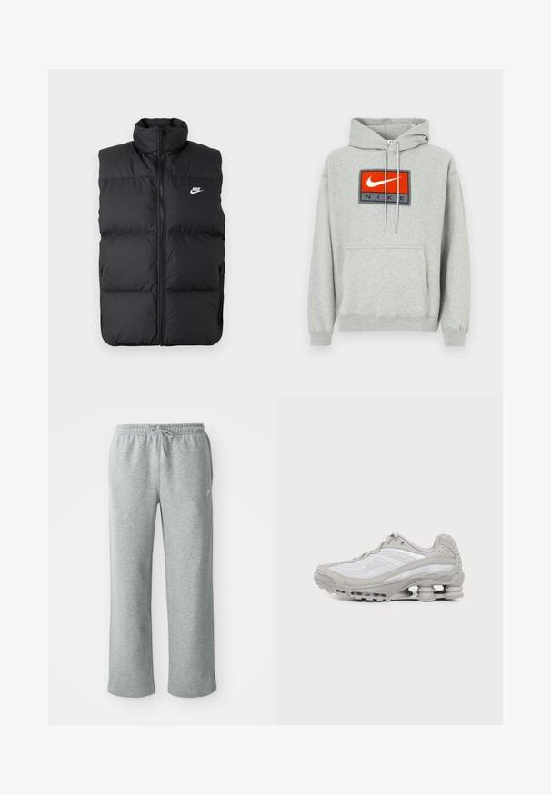 Sort polstret ærmeløs jakke med høj krave, lynlås foran, sidelommer og hvidt Nike-logo på brystet.; Grå hættetrøje med en kengurulomme, der har et fremtrædende broderet rødt og sort Nike-logo på fronten og justerbare snore.; Grå bomulds sweatpants med elastisk talje, snorelukning og lige ben. Har et lille logo på den øverste venstre side.; Grå og hvid atletiksko med synlig luftpolstret sål og mesh-paneler, vist i profil på en ensartet lys baggrund.