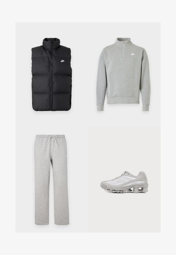 Chaleco sin mangas acolchado negro con cuello alto, cierre frontal, bolsillos laterales y logo de Nike en blanco en el pecho.; Sudadera gris con collar de media cremallera, mangas largas, puños y dobladillo acanalados. Presenta un pequeño logo blanco de Nike en el pecho.; Pantalones deportivos grises con cintura elástica y cordón ajustable. Fabricados con tela suave, cuentan con piernas rectas y un sutil detalle de logotipo.; Zapatilla deportiva gris y blanca con suela visible de amortiguación de aire y paneles de malla, mostrada de perfil sobre un fondo claro y sencillo.