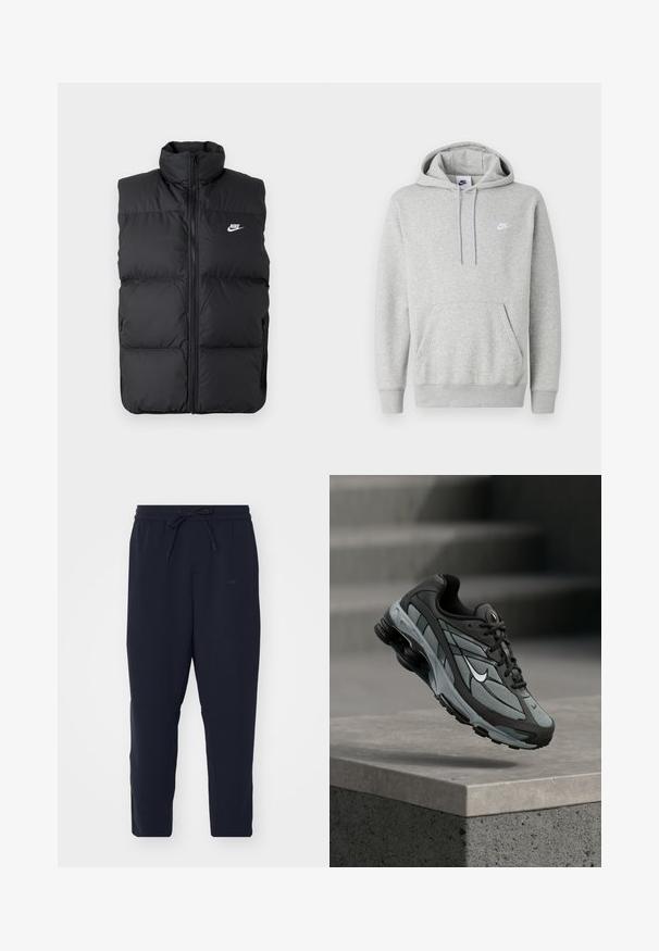 Mustat pehmeät ilmanhihoilla varustetut takit, joissa on korkea kaulus, etuvetoketju, sivutaskut ja valkoinen Nike-logo rinnassa.; Vaaleanharmaa huppari, joka on valmistettu pehmeästä kankaasta. Siinä on kengurun tasku, kiristysnauhallinen huppu ja pieni valkoinen logo rinnassa.; Tumman siniset jogger-housut pehmeästä kankaasta, joissa on joustava vyötärönyöri, kapenevat lahkeet ja sivutaskut.; Harmaa ja musta urheilukenkä, jossa on verkkopaneelit ja paksu pohja, ilmassa betonisen reunuksen ja portaitten yläpuolella taustalla.