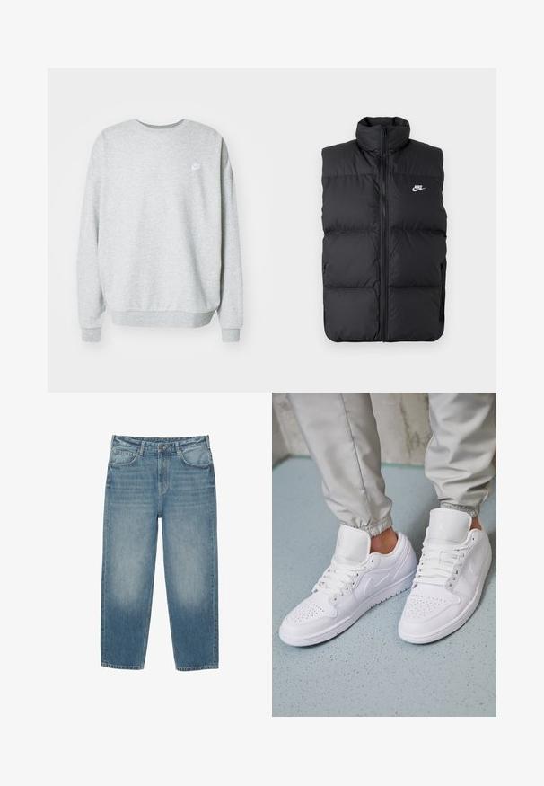 Veste sans manches noire rembourrée avec col haut, fermeture éclair à l'avant, poches latérales, et logo Nike blanc sur la poitrine.; Sweatshirt gris en tissu mélangé coton, avec un col rond, des épaules tombantes et un petit logo blanc sur la poitrine.; Jeans en denim bleu avec une coupe droite, style cinq poches, fermeture à boutons et légère décoloration sur le devant des cuisses.; Des baskets en cuir blanc présentent une zone de perforation à l'avant, des lacets plats, un col rembourré et le logo Jordan sur la languette. Portées avec un pantalon de jogging gris.