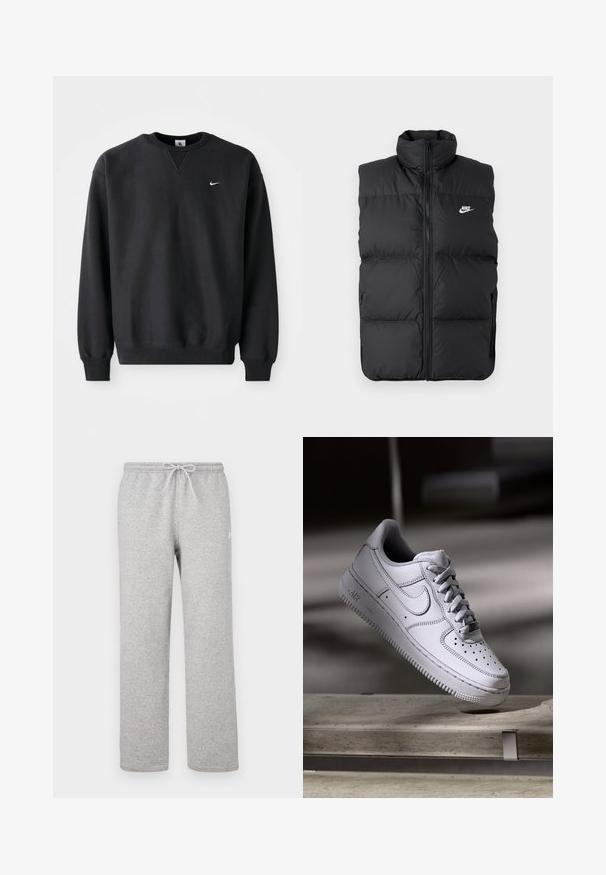 Chaleco sin mangas acolchado negro con cuello alto, cierre frontal, bolsillos laterales y logo de Nike en blanco en el pecho.; Sudadera negra de Nike con cuello redondo y mangas largas, con el icónico logo de swoosh en blanco en el pecho.; Pantalones deportivos grises con cintura elástica y cordón ajustable. Fabricados con tela suave, cuentan con piernas rectas y un sutil detalle de logotipo.; Zapatilla Nike Air Force 1 de cuero blanco que presenta una puntera perforada, cordones planos y una suela de goma texturizada con la marca "AIR" en el lateral.