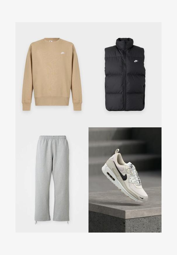 Sort polstret ærmeløs jakke med høj krave, lynlås foran, sidelommer og hvidt Nike-logo på brystet.; Tan Nike sweatshirt med rund hals, lange ærmer og et hvidt logo på brystet. Stoffet ser blødt ud med en glat tekstur.; Grå sweatpants med elastisk talje, lige ben og snoretræk ved kanten. Fremstillet af blødt, struktureret stof.; Beige og hvid Nike Air Max sneaker med sort swoosh-logo, hvide snørebånd og synligt Air-cushioning-sål, der hviler på en betonblok.