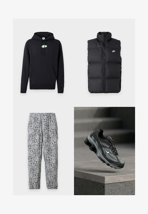 Zwarte gewatteerde mouwloze jas met hoge kraag, rits aan de voorkant, zijzakken en wit Nike-logo op de borst.; Zwarte Nike hoodie met een zijzak aan de voorkant, een trekkoord in de capuchon en een klein lichtgroen ovaal logo in het midden van de borst.; Witte elastische taillebroek met zwart onregelmatig vlekkenpatroon en elastische pijpen, hangend tegen een effen achtergrond.; Grijze en zwarte sportieve sneaker met meshpanelen en dikke zool, zwevend in de lucht boven een betonnen richel met trappen op de achtergrond.