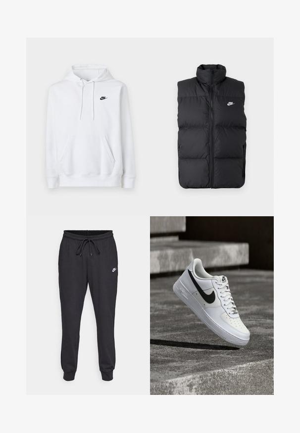 Schwarze gepolsterte ärmellose Jacke mit hohem Kragen, Vorderreißverschluss, Seitentaschen und weißem Nike-Logo auf der Brust.; Weißes Kapuzen-Sweatshirt mit Kängurutasche vorne, Kordelzug an der Kapuze und kleinem schwarzen Nike-Logo auf der linken Brust.; Schwarze Sweatpants aus Baumwollmischung, mit elastischem Bund und Kordelzug, bündchenartigen Knöcheln und einem weißen Nike-Logo auf dem Oberschenkel.; Weißer Nike Air Force 1 Sneaker mit schwarzem Swoosh, geschnürten Schnürsenkeln, schwebend in der Luft über einer strukturierten Betonoberfläche im Freien.