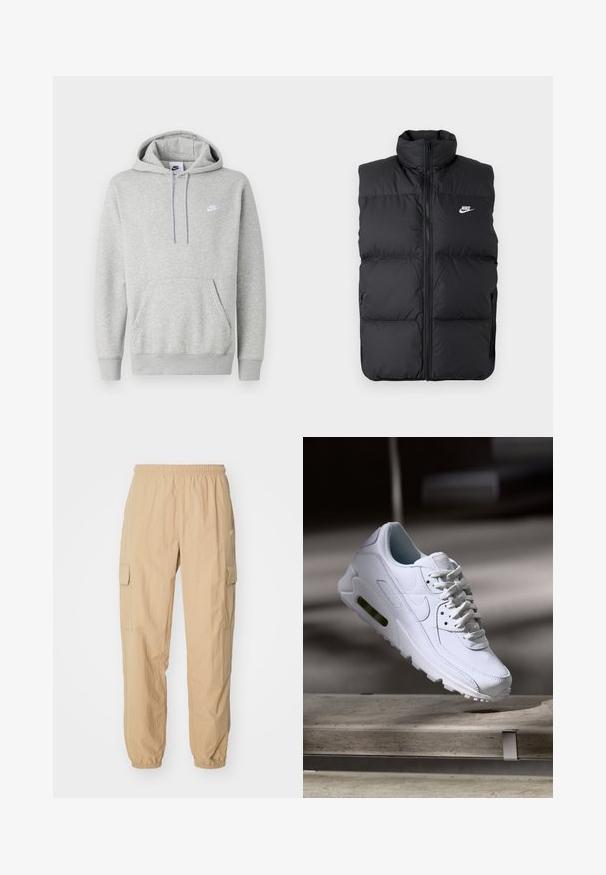 Schwarze gepolsterte ärmellose Jacke mit hohem Kragen, Vorderreißverschluss, Seitentaschen und weißem Nike-Logo auf der Brust.; Hellgrauer Hoodie aus weichem Stoff mit Kängurutasche, Kapuze mit Kordelzug und kleinem weißem Logo auf der Brust.; Beige Cargo-Hosen aus leichtem Stoff, mit einem elastischen Bund, zwei Seitentaschen und elastischen Bündchen an den Knöcheln.; Weiße Lederturnschuhe mit strukturierten Oberflächen, gepolstertem Kragen und sichtbarer Luftpolsterung in der Sohle. Verfügt über Schnürsenkel und ein minimalistisches Design.