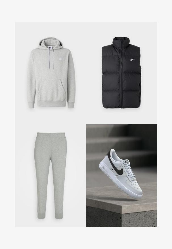 Sort polstret ærmeløs jakke med høj krave, lynlås foran, sidelommer og hvidt Nike-logo på brystet.; Lysegrå hættetrøje lavet af blødt stof, med kængurulomme, snørre i hætten og et lille hvidt logo på brystet.; Grå sweatpants lavet af blødt stof, med tapered ben design, elastisk talje og lille hvid Nike-logo på venstre lår.; Hvid Nike Air Force 1 sneaker med sort swoosh-logo, svævende over en betonforkant med slørede trapper i baggrunden.