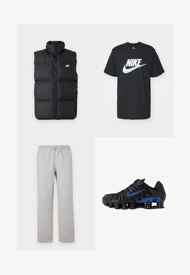Chaleco sin mangas acolchado negro con cuello alto, cierre frontal, bolsillos laterales y logo de Nike en blanco en el pecho.; Nike Sportswear TEE FUTURA - Camiseta estampada - black; Pantalones deportivos grises con cintura elástica y cordón ajustable. Fabricados con tela suave, cuentan con piernas rectas y un sutil detalle de logotipo.; Zapatilla deportiva negra con parte superior de malla y acentos brillantes. Presenta un swoosh azul, un cuello acolchado y una suela de goma negra prominente con amortiguación visible.
