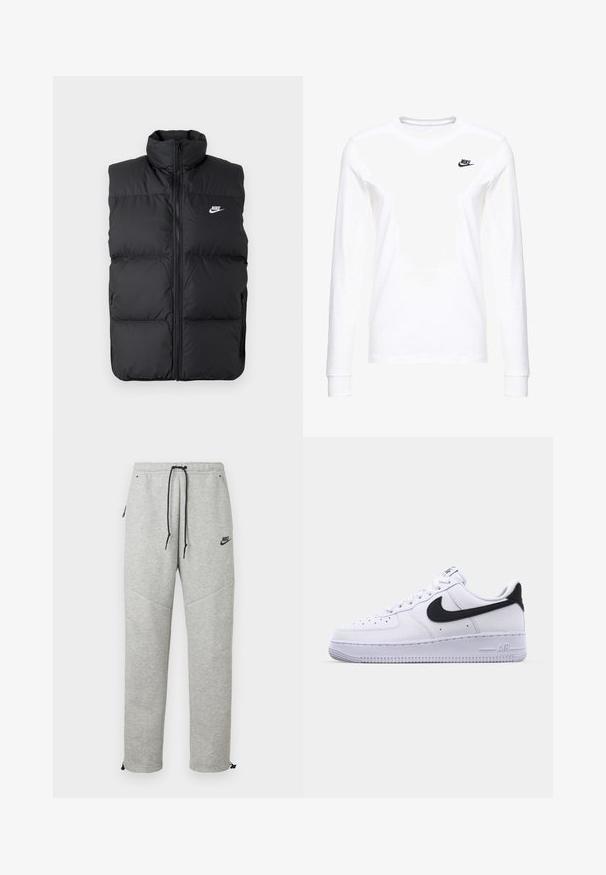 Črna podložena brezrokavnica z visokim ovratnikom, sprednjim zadrgo, stranskimi žepi in belim logotipom Nike na prsih.; Bela majica z dolgimi rokavi iz bombaža, ki ima majhen črn Nike logotip na levem prsnem delu in okroglo ovratnikom. Gladka tekstura.; Sive Nike trenirke z vrvico v pasu, stranskimi žepi in elastičnimi manšetami. Imajo gladko teksturo in kontrastne črne podrobnosti z logotipom.; Bela usnjena tene s teksturiranim črnim Swooshom, ravnimi vezalkami in gumijastim podplatom z rebrastim vzorcem. Na peti je embosirano "AIR".