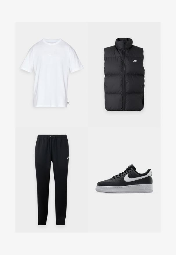 Sort polstret ærmeløs jakke med høj krave, lynlås foran, sidelommer og hvidt Nike-logo på brystet.; Hvid bomulds T-shirt med korte ærmer og rund hals. Har et lille, diskret Nike-logo på brystet og et sidelabel.; Sorte sweatshirtbukser lavet af blødt stof, med elastisk talje og snoretræk, ribbede ankler og en lille logo-detalje på siden.; Sort lædersneaker med tekstureret overflade, hvid Nike swoosh, grå sål, rund tå og snørebåndsdesign. Har perforeringer på tåboksen.