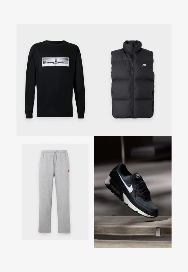 Schwarze gepolsterte ärmellose Jacke mit hohem Kragen, Vorderreißverschluss, Seitentaschen und weißem Nike-Logo auf der Brust.; Schwarzes Langarm-T-Shirt mit einem Frontdruck, der eine Figur in einem schwarz-weißen Foto mit ausgestreckten Armen zeigt; Rundhalsausschnitt-Design.; Hellgraue Jogginghose mit elastischem Bund und Kordelzug, mit kleinem rotem Nike-Logo am oberen linken Oberschenkel.; Schwarzer und grauer Nike Air Max Sneaker mit weißem Swoosh, schwebend über einer Betonfläche vor einem verschwommenen dunklen Hintergrund.