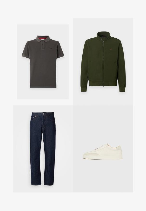 Grüne Jacke zum Reißverschluss mit hohem Kragen, seitlichen Taschen, gerippten Bündchen und einem kleinen Logo auf der Brust. Hergestellt aus einem glatten Stoff.; Dunkelgraues Poloshirt aus Baumwolle mit klassischem Kragen, zwei Knopf-Leiste, kurzen Ärmeln und kleinem Logo auf der Brust.; Dunkelblaue Denim-Jeans mit geradem Schnitt, ausgestattet mit fünf Taschen, einem Knopfverschluss und dezenten Nähakzenten.; Weiße Wildleder-Sneaker mit glatter Oberfläche, rundem Zehenbereich, flachem Schnürdesign und kontrastierenden, strukturierten Akzenten. Mit einem dezenten Logodetail versehen.