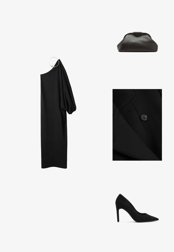 Sort uld blazer med en glat tekstur, skarpe klapper og en blank sort knap med et fire-huls design.; Sort maxikjole med én skulder, med én lang puffet ærme og en sølvfarvet metalring, der forbinder skulderstroppen.; Sorte ruskind stiletto-sko med spids tå, glat tekstur og en slank silhuet; har en høj hæl og minimalistisk design.; Blød sort læder clutch taske med en rundet ramme og en lille lukning i toppen midt på.