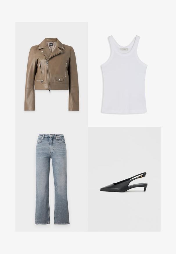 Veste biker en cuir taupe raccourcie avec fermetures éclair argentées, boutons-pression et fermeture éclair asymétrique à l’avant.; Débardeur blanc en tissu lisse, avec un col rond et des bretelles larges, comportant une étiquette à l'intérieur indiquant "IVY OAK".; Jean bleu clair taille haute à jambe droite avec bouton frontal, fermeture éclair et design classique à cinq poches.; Des escarpins à talon ouvert noirs avec un bout pointu, une texture en cuir lisse, un petit talon aiguille, et une sangle avec un accent de boucle en métal.