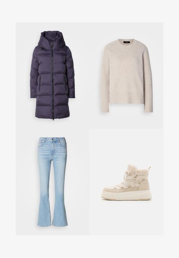Manteau en duvet violet avec col haut, fermeture éclair à l'avant et deux poches latérales ; présente des sections matelassées et une texture lisse et brillante.; Pull en maille beige clair avec un col rond, des manches côtelées et un ourlet côtelé. Fabriqué à partir d'un matériau doux avec un aspect texturé.; Jean évasé bleu clair en denim avec taille haute, présentant une décoloration subtile et une fermeture à glissière standard.; Bottes d'hiver beiges avec une texture pelucheuse, un design à lacets, des accessoires en or et une semelle épaisse pour plus de hauteur et d'isolation.