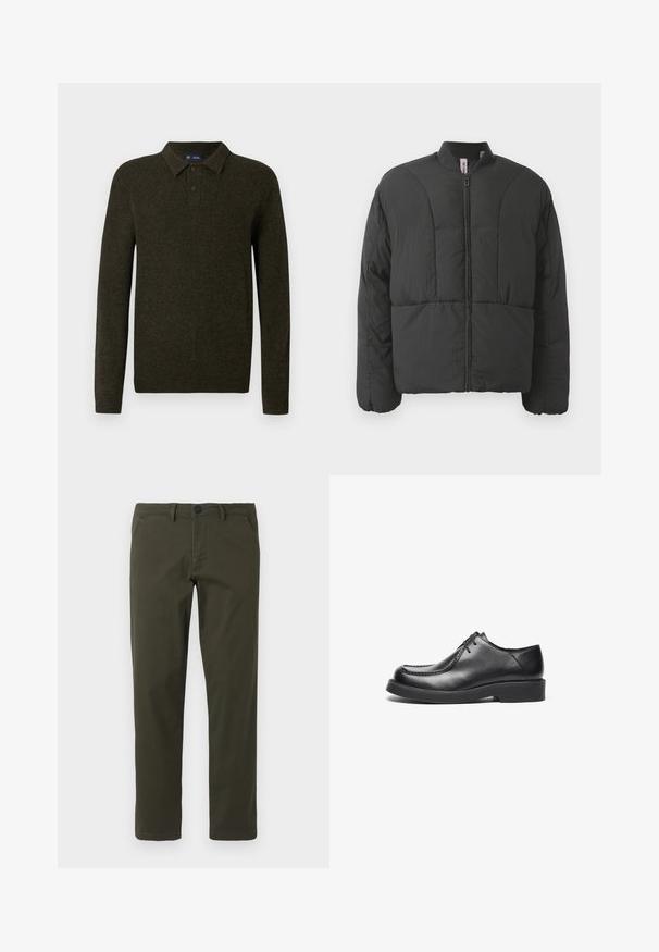 Sort polstret jakke med høj krave, frontlynlås og to store sidelommer. Har et glat, letvægtsstof og quiltet design.; Grøn langærmet polo sweater med struktureret finish, to knaplukninger og ribstrikkede manchetter. Enkel, klassisk design der er velegnet til afslappet brug.; Olivengrønne, lige ben bukser lavet af en blanding af bomuldsstof. Har en lynlås foran, bæltesløjfer og to sidelommer. Glat tekstur.; Sorte lædersko med rund tå, lige søm detaljer og en lavprofil gummisål. Klassisk rent design, snørelukning.