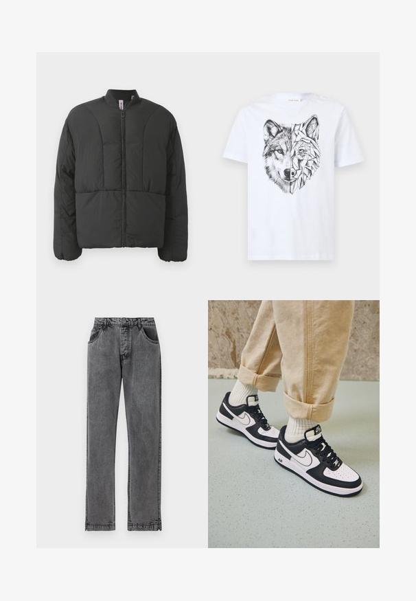 Schwarze gepolsterte Jacke mit hohem Kragen, Frontreißverschluss und zwei großen Seitentaschen. Sie zeichnet sich durch einen glatten, leichten Stoff und ein gestepptes Design aus.; Weißes T-Shirt mit einer schwarzen Illustration eines Wolfsgesichts, das vertikal geteilt ist; die linke Seite ist realistisch, die rechte Seite geometrisch und abstrakt.; Schwarze Jeans aus Denim mit geradem Schnitt, ausgestattet mit fünf Taschen, einem Knopfverschluss und dezenten Stickdetails an den Nähten.; Schwarz-weiße Nike Air Force 1 Sneaker mit einem Obermaterial aus Leder, perforierter Zehenpartie und strukturiertem Sohlendesign, getragen mit aufgerollten beigen Hosen und weißen Socken.