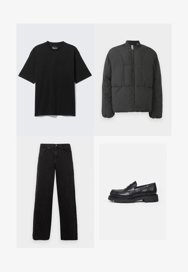 Veste matelassée noire avec un col haut, fermeture éclair frontale et deux grandes poches latérales. Elle présente un tissu lisse et léger avec un design matelassé.; T-shirt noir en coton à manches courtes et coupe décontractée, col rond, présenté sur un fond clair uni.; Jean en denim noir avec une coupe droite, un style à cinq poches et une fermeture à bouton. Tissu texturé et esthétique minimaliste.; Mocassin en cuir noir avec semelle épaisse crantée et détail de bride penny, présenté en profil droit sur fond blanc.