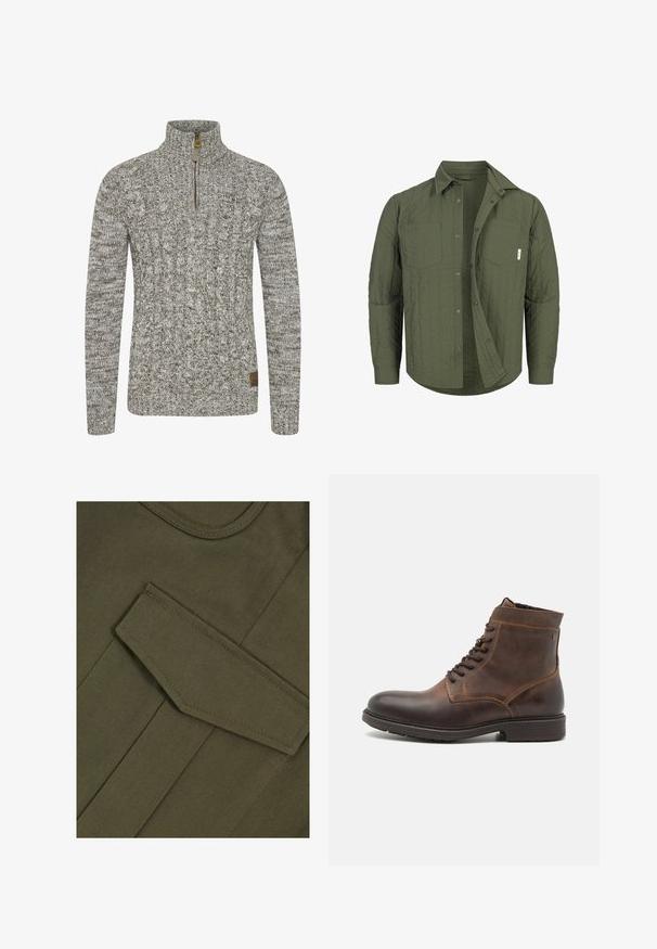 Camisa acolchada de manga larga color verde oliva con botones de presión, dos bolsillos en el pecho y cuello, mostrada parcialmente desabrochada.; Sudadera de punto trenzado en un tono gris-verde apagado, con un cuello de medio cremallera y un patrón de tejido texturizado. Parche de logo marrón en el dobladillo.; Una tela de color verde olivo con una textura suave presenta un gran bolsillo de solapa puntiaguda. Las costuras de contraste a lo largo de los bordes delinean el diseño.; Jack & Jones JFWDELANEY BOOT - Botines con cordones - cognac
