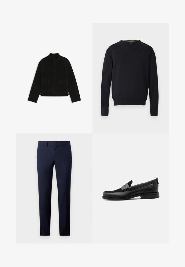 Chaqueta negra de manga larga con botones a presión, cuello alto y dos bolsillos frontales con solapa, mostrada sobre un fondo blanco.; Suéter negro de escote en V hecho de tela de punto suave. Cuenta con mangas largas, puños y dobladillo acanalados, con detalle de logo en relieve en el pecho.; Pantalones ajustados de color azul marino con corte entallado, piernas rectas, textura suave y presillas para cinturón, adecuados para vestimenta formal o de negocios.; Mocasín de cuero negro con detalle de tira gris, tacón bajo y suela texturizada, con la marca "HUGO" en oro en el lateral.