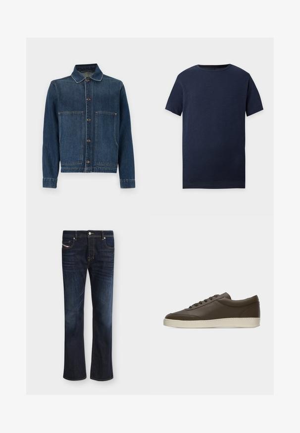 Veste en jean bleu foncé, dotée d'un col, d'une fermeture boutonnée et de deux grandes poches avant. Le tissu présente une texture moyenne et des coutures visibles.; T-shirt uni bleu foncé à manches courtes avec col rond, posé à plat sur un fond gris clair.; Jean en denim bleu foncé avec légère décoloration aux cuisses, cinq poches, fermeture par bouton et fermeture éclair, coupe droite et coutures orange visibles.; Baskets basses en cuir marron foncé avec lacets sur le devant et semelle en caoutchouc couleur crème, vues de côté extérieur sur fond blanc.