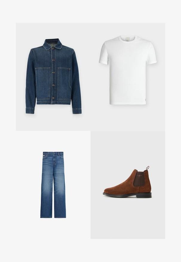 Donkerblauwe spijkerjas met kraag, knoopsluiting en twee grote voorzakken. De stof heeft een middelmatige textuur en zichtbare naden.; Effen witte korte mouw ribgebreide katoenen T-shirt met ronde hals en een klein genaaid label bij de onderzoom.; Blauwe wijde jeans met vervaagde details, vijf zakken en een knoopsluiting in de taille.; Bruine suède Chelsea-boot met een elastische zijpaneel, een lus aan de achterkant, een zwarte zool en een subtiel "GANT"-logo op het zijpaneel.