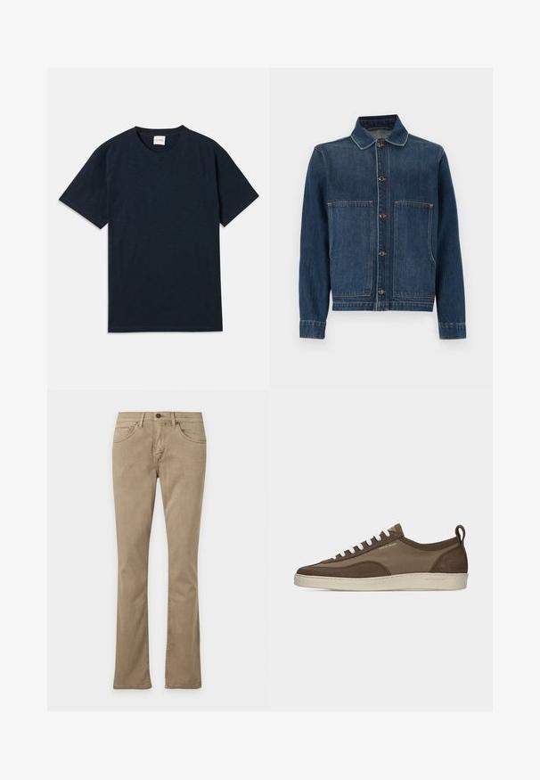 Jeansjacke in Dunkelblau mit Kragen, Knopfverschluss und zwei großen Fronttaschen. Der Stoff hat eine mittlere Textur und sichtbare Nähte.; Ein einfarbiges, dunkelblaues Kurzarm-T-Shirt mit Rundhalsausschnitt und kleinem eingeprägtem Logo nahe dem unteren Saum.; Beige Jeans mit geradem Bein, vorderen Taschen, Gürtelschlaufen und Knopfverschluss, vor weißem Hintergrund präsentiert.; Flacher brauner Sneaker mit weißen Schnürsenkeln, beiger Sohle, Obermaterial aus Stoff und Wildleder, seitlicher Zuglasche und "Tiger of Sweden"-Logo in goldener Schrift.
