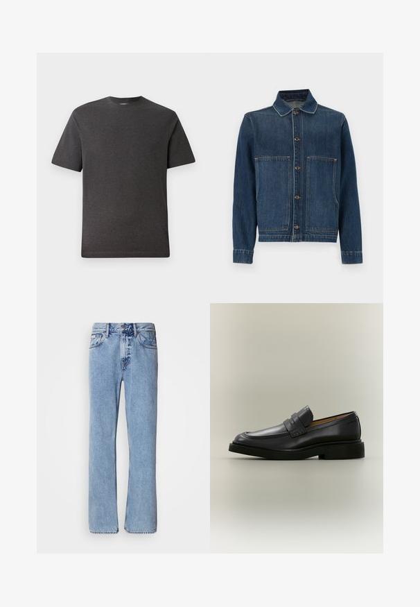 Chaqueta vaquera en azul oscuro, con cuello, cierre de botones y dos grandes bolsillos delanteros. La tela tiene una textura media y costuras visibles.; Camiseta de manga corta gris, hecha de una tela suave y ligera, con cuello redondo y costuras mínimas. Apta para uso casual.; Jeans de mezclilla azul claro con un diseño de pierna recta, cinco bolsillos y cierre de botón. Detalles de costura cerca de los bolsillos y la cintura.; Mocasín de hombre de cuero negro con tacón bajo y detalle de correa en la parte superior, mostrado de perfil sobre un fondo neutro.