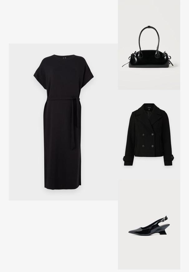 Musthave mustrik naiste peacoat, millel on laiad kraed, nupuga mansetid ja kaks esiääre taskut, esitleb tühjal taustal.; Musthave musta lühikeste varrukatega kleit, ümmarguse kaelusega, külgsisse lõigetega ja vöörihmaga, valmistatud sujuvast ja voogavast kangast.; Mustast lakknahast slingback king, millel on terav nina ja madal kalle plokktald, ühtlase heleda taustaga.; Väike must läikiv käekott kahe pika sangaga ja külgedel paelakinnitustega, ühel lihtsal helel taustal.