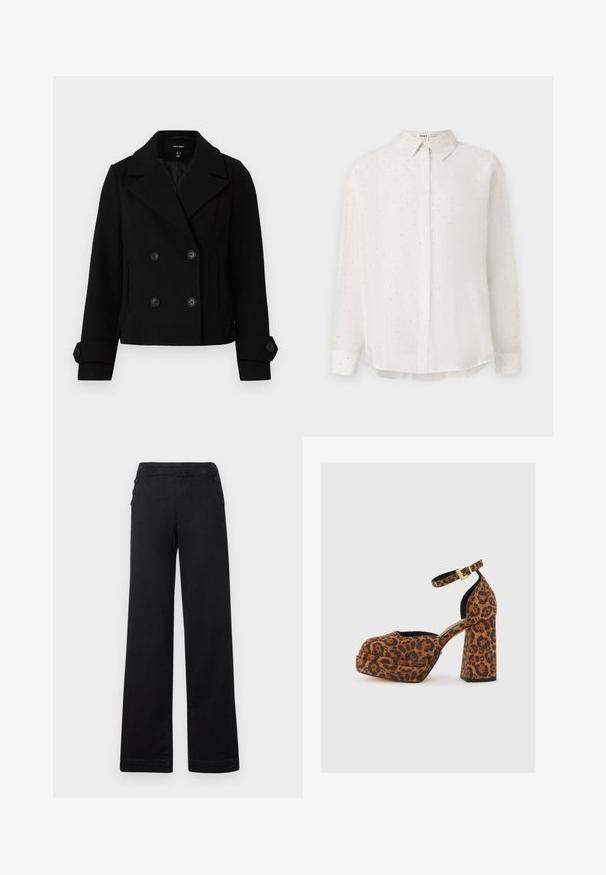 Abrigo de mujer negro de doble botonadura con amplias solapas, puños abotonados y dos bolsillos frontales, expuesto sobre un fondo liso.; Camisa blanca de botones fabricada con una tela suave, con patrones de puntos sutiles y un cuello clásico. Mangas largas con puños abotonados.; Pantalones de pierna ancha negros con cintura alta, detalles de botones en los laterales y una textura de denim suave con un acabado limpio.; Zapatos de plataforma con estampado de leopardo, tacón ancho, correa en el tobillo y tela suave texturizada en tonos marrón y negro.