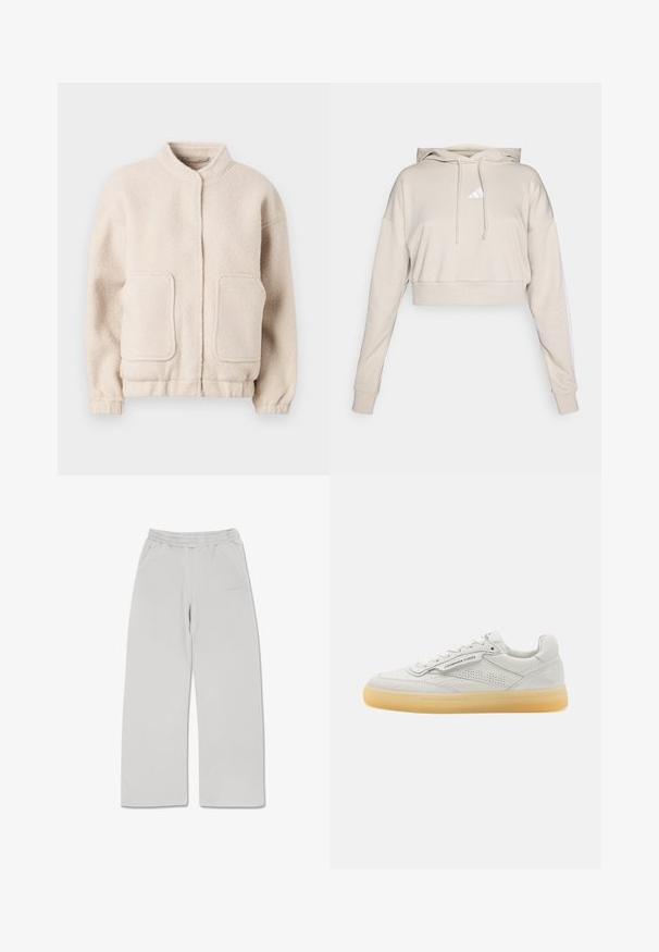 Beige fleecejakke med høj krave, to forlommer og elastiske manchetter. Blød tekstur med en boxy silhuet og minimal detaljering.; Lys beige cropped sweatshirt med hætte, med et hvidt trekantet logo og hvide side striber. Lavet af blødt, tekstureret stof.; Lysegrå sweatpants lavet af blødt stof, med elastisk talje, to sidelommer og lige snit.; Hvide lædersneakers med perforerede detaljer, rund tå og cremefarvet gummisål. Har tonalt syning og et minimalistisk design.