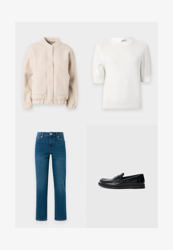Beige fleece jack met een hoge kraag, twee voorzakken en elastische manchetten. Zachte textuur met een boxy silhouette en minimale details.; Witte geribbelde korte mouw trui met een ronde halslijn en aansluitende manchetten. Soepele structuur met een gelijkmatig patroon over het geheel.; Blauwe rechtvallende denim jeans met vijf zakken, knoop- en ritsluiting, en riemlussen, weergegeven op een witte achtergrond.; Zwarte leren instappers met een gestikte accentontwerp, ronde neus, platte rubberen zool en een gladde afwerking. Klassieke, veelzijdige silhouet.