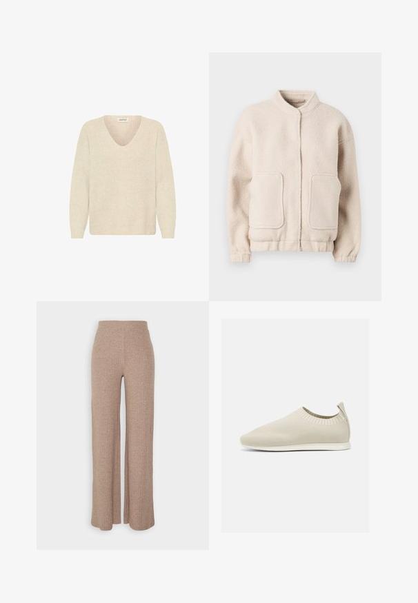 Beige fleecejakke med høj krave, to forlommer og elastiske manchetter. Blød tekstur med en boxy silhuet og minimal detaljering.; Cremefarvet sweater med V-hals, ribbet struktur og lange ærmer. Enkel design, udekoreret uden synlige mønstre eller hardware.; Beige ribbede vide bukser med høj talje og blød tekstur, der har en løs pasform og ingen synlige lukninger.; Beige strikket slip-on sko med lav profil, tekstureret overdel og fleksibel sål. Har et vævet design omkring anklene for komfort.