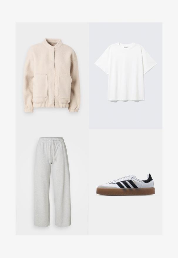 Beige fleece-takki, jossa on korkea kaulus, kaksi etutaskua ja joustavat hihansuut. Pehmeä rakenne, laatikkomainen siluetti ja vähäinen yksityiskohtaisuus.; Valkoinen lyhythihainen pyöreäkauluksinen t-paita, rento istuvuus ja "WEEKDAY" -merkintä niskan sisäpuolella takana.; Even&Odd Petite Verryttelyhousut - mottled light grey; Valkoiset nahkakengät, joissa on mustat raidat, kumipohja, pyöreä varvas, nauhakiinnitys ja pehmeä harmaa mokkanahkakärki.