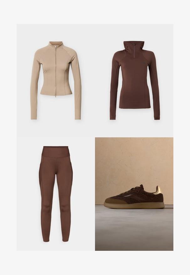 Veste beige courte à manches longues avec col montant et fermeture éclair avant, coupe ajustée et détails de coutures visibles.; Haut à manches longues marron avec col demi-fermeture éclair, coupe ajustée, texture douce et un logo discret sur la poitrine.; Leggings marron extensibles avec une taille haute, dotés de poches latérales et d'une texture lisse. Les coutures soulignent la forme.; Baskets marron à lacets avec imprimé léopard et accents dorés flottant au-dessus d'un tapis beige dans une pièce minimaliste.