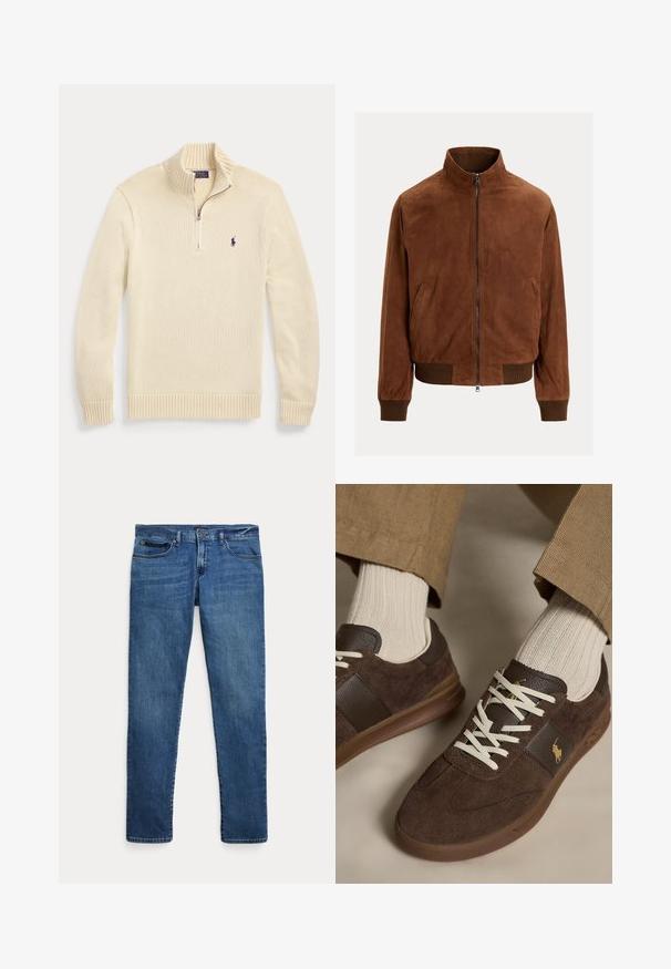 Chaqueta bomber de ante marrón con cremallera frontal, puños acanalados y bajo en la cintura, mostrada sobre un fondo claro y liso.; Jersey de punto de manga larga color crema con cremallera frontal hasta la mitad, cuello, puños y dobladillo acanalados, con un pequeño logo Polo oscuro en el pecho.; Jeans de mezclilla azul con un corte ajustado, que cuentan con bolsillos delanteros, trabillas para cinturón y un cierre de botón sobre un fondo blanco.; Zapatillas de ante marrón con cordones blancos, usadas con calcetines beige con canalé y pantalones marrón claro.