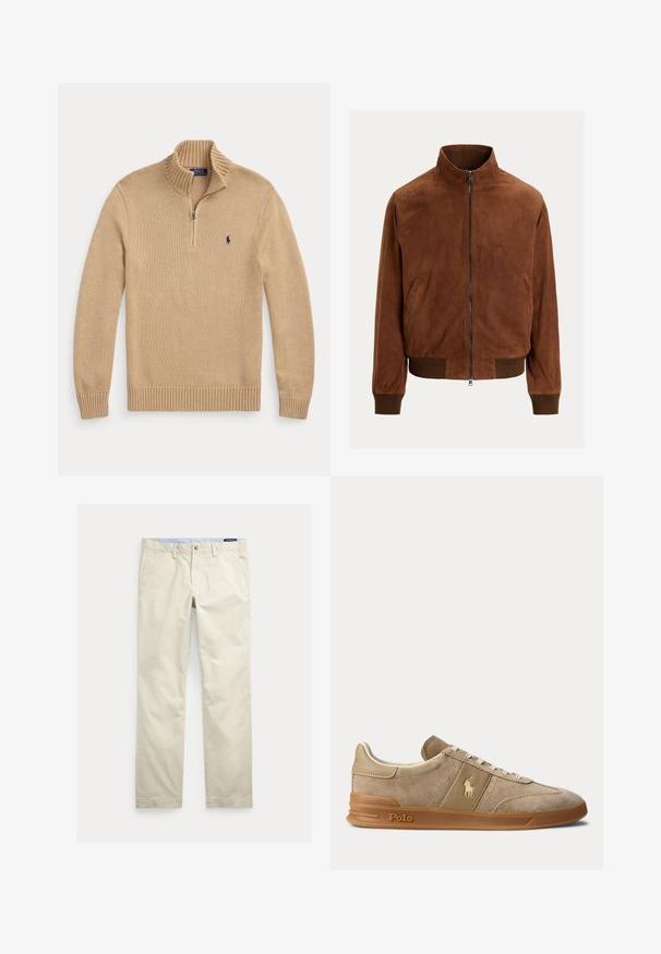 Veste bomber en daim marron avec fermeture éclair à l'avant, poignets côtelés et ourlet à la taille, présentée sur un fond clair uni.; Pull en maille beige avec une fermeture éclair au quart et un petit logo Polo Ralph Lauren bleu foncé sur la poitrine gauche.; Pantalon beige en coton coupe droite avec passants pour ceinture, bouton devant, fermeture éclair et poches latérales.; Basket basse beige en daim et cuir avec semelle en gomme, lacets blancs, et logo Polo sur le côté et la semelle.