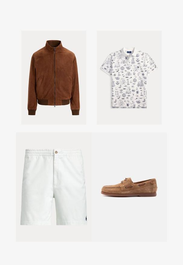 Chaqueta bomber de ante marrón con cremallera frontal, puños acanalados y bajo en la cintura, mostrada sobre un fondo claro y liso.; Polo blanco con estampados náuticos en azul marino que incluyen veleros, anclas, brújulas y faros.; Pantalones cortos blancos para hombre con cinturilla elástica, cierre de botón, bolsillos laterales y pequeño logo oscuro cerca del dobladillo inferior en una pierna.; Mocasín de ante marrón con detalles de cordón de cuero, puntera cosida y suela plana de goma, mostrado de lado sobre un fondo claro.