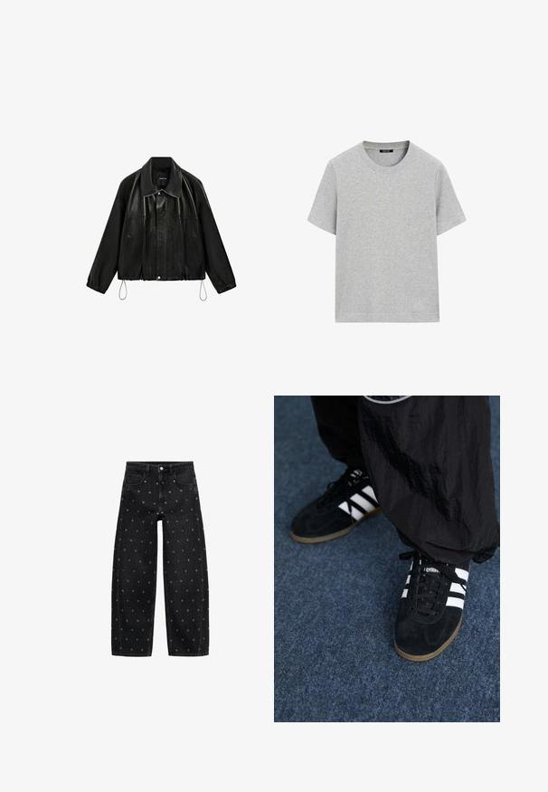 Zwart nepleren jack met brede kraag, ritssluiting aan de voorkant, zijzakken, elastische boorden en trekkoorden aan de zoom, weergegeven op een effen achtergrond.; Lichtgrijs katoenen T-shirt met korte mouwen, ronde hals en normale pasvorm, plat gelegen tegen een witte achtergrond.; Zwarte straight-leg spijkerbroek met metalen oogjes die de stof gelijkmatig bedekken, voorzien van voorzakken en riemlussen.; Zwarte suède sportschoenen met drie witte strepen en zwarte veters. Een gestructureerde zwarte broek is deels zichtbaar naast de schoenen.