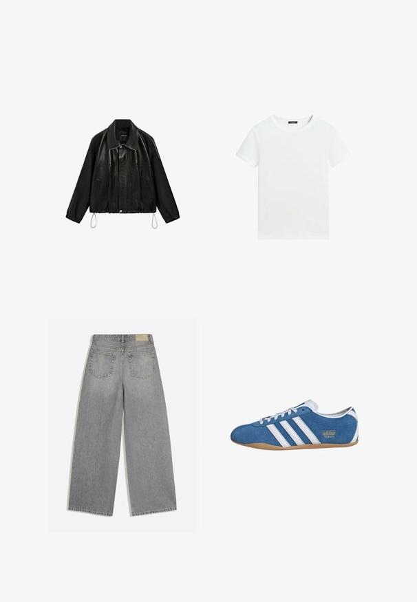 Sort jakke i kunstlæder med bred krave, frontlynlås, sidelommer, elastiske manchetter og snoretræk i kanten, vist på en ensfarvet baggrund.; Almindelig hvid T-shirt med korte ærmer, rund halsudskæring og lille sort label inden i kraven.; Grå vidbenede denimjeans der viser bagsiden med to lommer og bæltestropper lagt fladt på hvid baggrund.; Blå ruskinds sneakers med hvide læderstriber, med rund tå, gummisål og guld "adidas TOKYO" branding på siden.