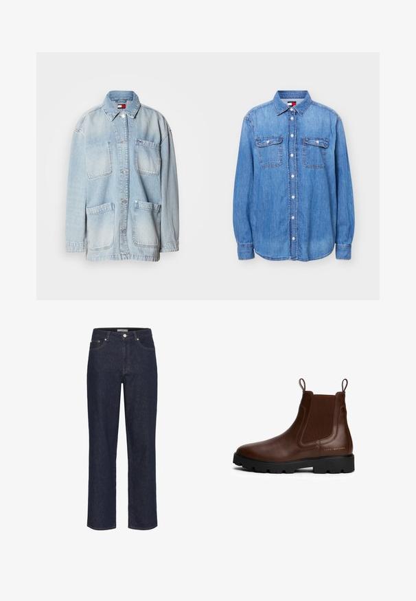 Hellblaues Denim-Jackett mit Kragen, Knopfschluss, zwei frontalen Taschen und einem kleinen Logo-Patch auf der linken Brust. Lässige Passform.; Hellblaues Denim-Hemd mit langen Ärmeln, Knopfleiste, zwei aufgesetzten Taschen vorne mit Klappen und Kragen, dargestellt vor weißem Hintergrund.; Gestuz SUMMER WIDE - Wide Leg - unwashed denim; Braune Leder Chelsea-Boots mit elastischen Seiteneinsätzen, Zuglaschen, schwarzer Gummisohle und goldfarbenem Logodetail an der Seite. Glatte Textur.
