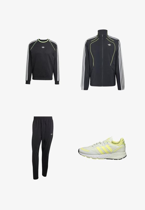 Sort sportjakke med lynlås med hvide striber på ærmerne, neon-gule kanter foran og hvid Adidas-logo på brystet.; Sort sweatshirt med hvidt tre-stribesdesign på ærmerne og limegrønne detaljer. Har rund halsudskæring og et lille logo på brystet.; Sorte atletikbukser lavet af letvægtsmateriale med elastisk taljebånd og et lille præget logo på det øverste venstre benområde.; Hvide atletiske sko med gule accenter, der har en glat overdel, struktureret sål og tre striber på siden til branding.