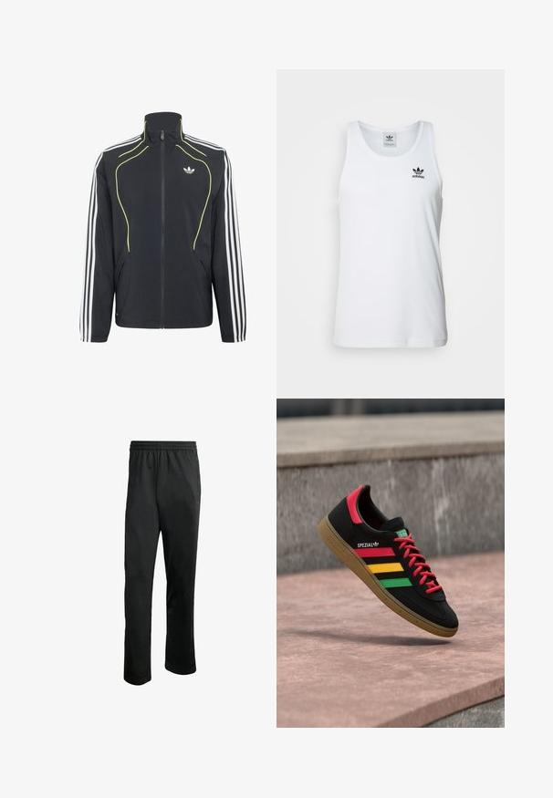 Sort sportjakke med lynlås med hvide striber på ærmerne, neon-gule kanter foran og hvid Adidas-logo på brystet.; Hvid ribbet tanktop med rund halsudskæring, sort Adidas-logo på venstre bryst og uden ærmer. Blødt bommateriale, afslappet pasform.; Sorte træningsbukser med en komfortabel elastisk livline, to sidelommer og et glat, let stof. Har diskrete logo detaljer.; Sort Adidas Spezial-sneaker med røde, gule og grønne striber, røde snørebånd, gummisål og rødt hældetalje, vist svævende over fortovet.