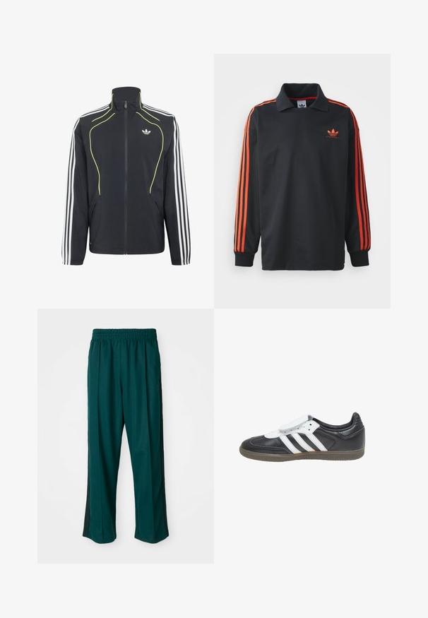 Schwarze Sportjacke mit Reißverschluss, weißen Streifen an den Ärmeln, neongelber Paspel vorne und weißem Adidas-Logo auf der Brust.; Schwarzes Langarm-Polo mit Kragen, das rote Streifen an den Ärmeln und ein kleines rotes Logo auf der Brust trägt. Glatte Stoffstruktur.; Dunkelgrüne Sporthose mit elastischem Bund, geradem Bein-Design und schwarzen Seitenstreifen. Hergestellt aus weichem, dehnbarem Stoff.; adidas Originals SAMBA LT - Sneaker low - core black footwear white gum