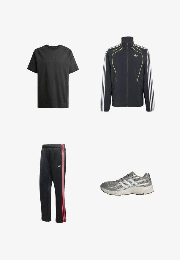 Chaqueta deportiva negra con cremallera, con rayas blancas en las mangas, ribete amarillo neón en la parte delantera y logo blanco de Adidas en el pecho.; Camiseta de algodón negra con mangas raglán cortas, que presenta un sutil logo en relieve en el pecho y una textura suave en todo su diseño.; Pantalones deportivos negros con textura acanalada vertical, con franjas laterales en rojo y blanco y un pequeño logotipo blanco en la pierna izquierda.; Zapatilla de running de malla plateada con acentos sintéticos, que presenta tres rayas blancas, un cuello acolchado y una suela texturizada para tracción.