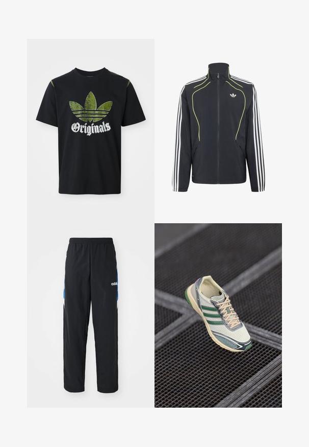 Chaqueta deportiva negra con cremallera, con rayas blancas en las mangas, ribete amarillo neón en la parte delantera y logo blanco de Adidas en el pecho.; Camiseta de algodón negra con un gráfico verde desgastado que presenta tres rayas y la palabra "Originales" debajo en blanco, cuello redondo, mangas cortas.; Pantalones deportivos negros con cintura elástica, que presentan acentos gráficos en azul y blanco en los laterales, y un logo bordado.; Zapatilla de malla blanca y verde con cordones beige flotando sobre un suelo de rejilla metálica oscura.