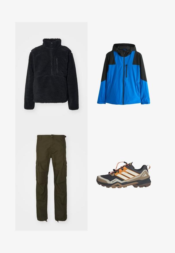 Blauw-zwart gewatteerd jack met capuchon, voorzien van een ritssluiting aan de voorkant, een ritssluiting op de borst en twee zijzakken, ontworpen voor buitenactiviteiten.; Zwarte pullover van zacht, getextureerd fleece. Voorzien van een hoge kraag, een gedeeltelijke rits en een ritsvak op de borst.; Olijfgroene cargobroek van duurzaam materiaal, met een knoopsluiting, meerdere zijzakken en elastische boorden bij de enkels.; Zwarte en grijze wandelschoen met oranje accenten, gestructureerd bovenwerk, witte strepen, Gore-Tex-label en robuuste rubberen zool voor grip.