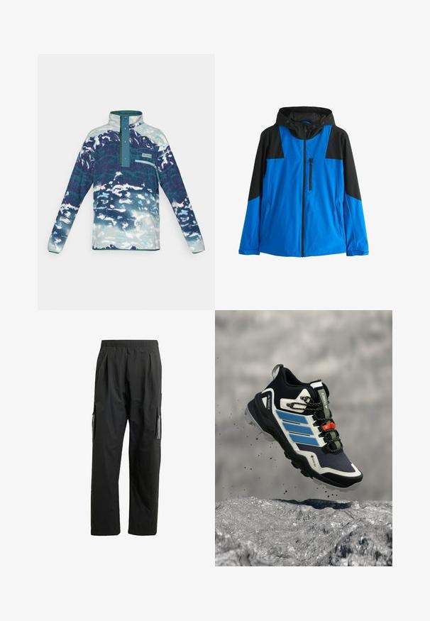 Blå og sort hættetrøjejakke med lynlås foran, lynlåslomme på brystet og to sidelommer, designet til udendørs brug.; Langærmet fleece-pullover med høj krave, trykknapper, brystlomme med lynlås og abstrakt mønster i blå-hvide nuancer.; Sorte cargo bukser med elastisk talje, sidelommer og reflekterende detaljer. Fremstillet af let, vandafvisende materiale.; Sort og blå Adidas Terrex vandresko med robust sål, der svæver over klippefyldt terræn med jord, der flyver rundt.